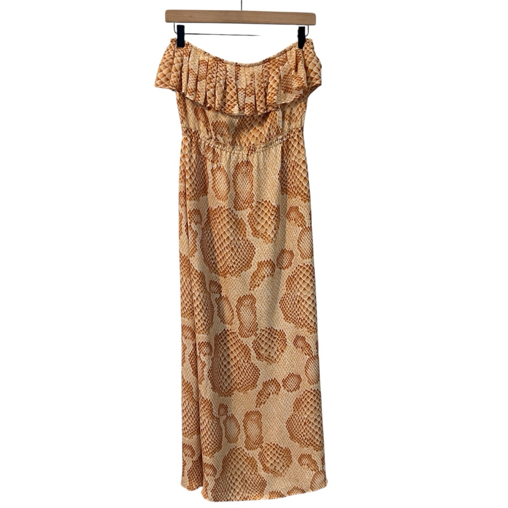 Aka New York Silk Snake Print Tan Brown Strapless Ruffle Layered Maxi Dress Xs